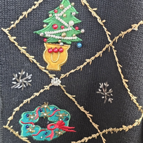 OHI Vintage Christmas Embroidered Cardigan Faux Fur Collar Button Front Size XL - Picture 3 of 14